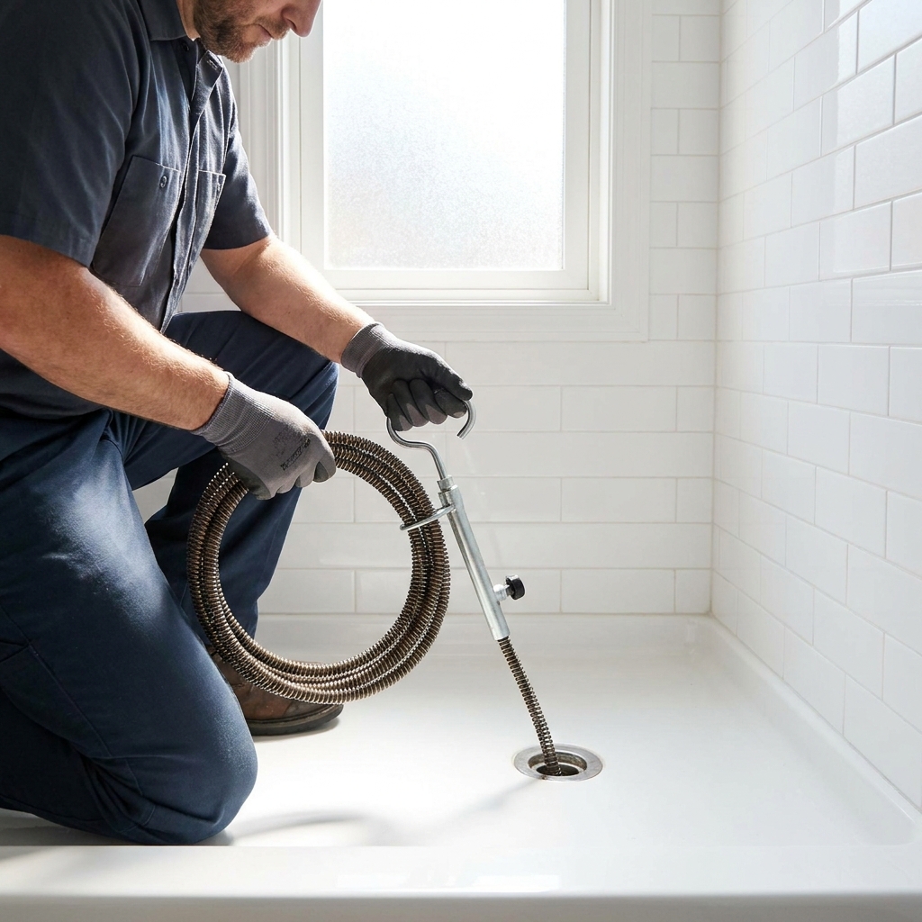 Using a manual hand auger to clear a deep drain clog.