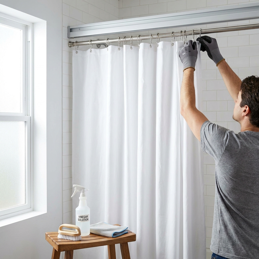 A homeowner removes a shower curtain liner from the rod for cleaning.